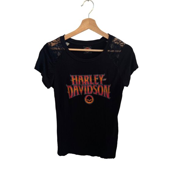 Harley Davidson Black Lace Shoulder Tee Women's Size M Short Sleeve LA Tshirt - Picture 1 of 5